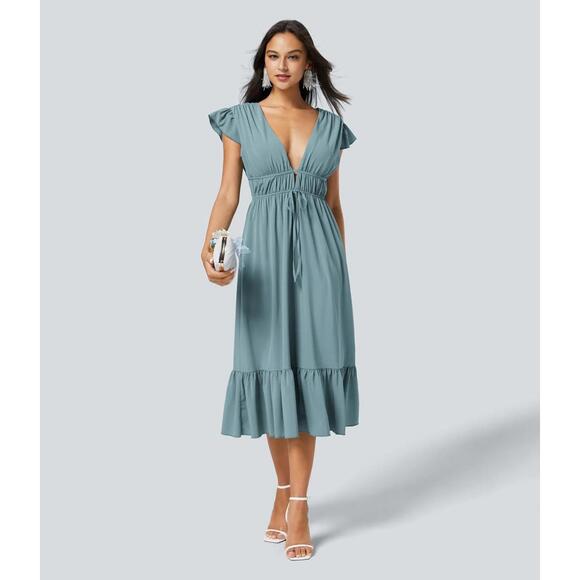 Halara Dresses & Skirts - NWT Halara Midi dress drawstring ruffles Stone Blue XL